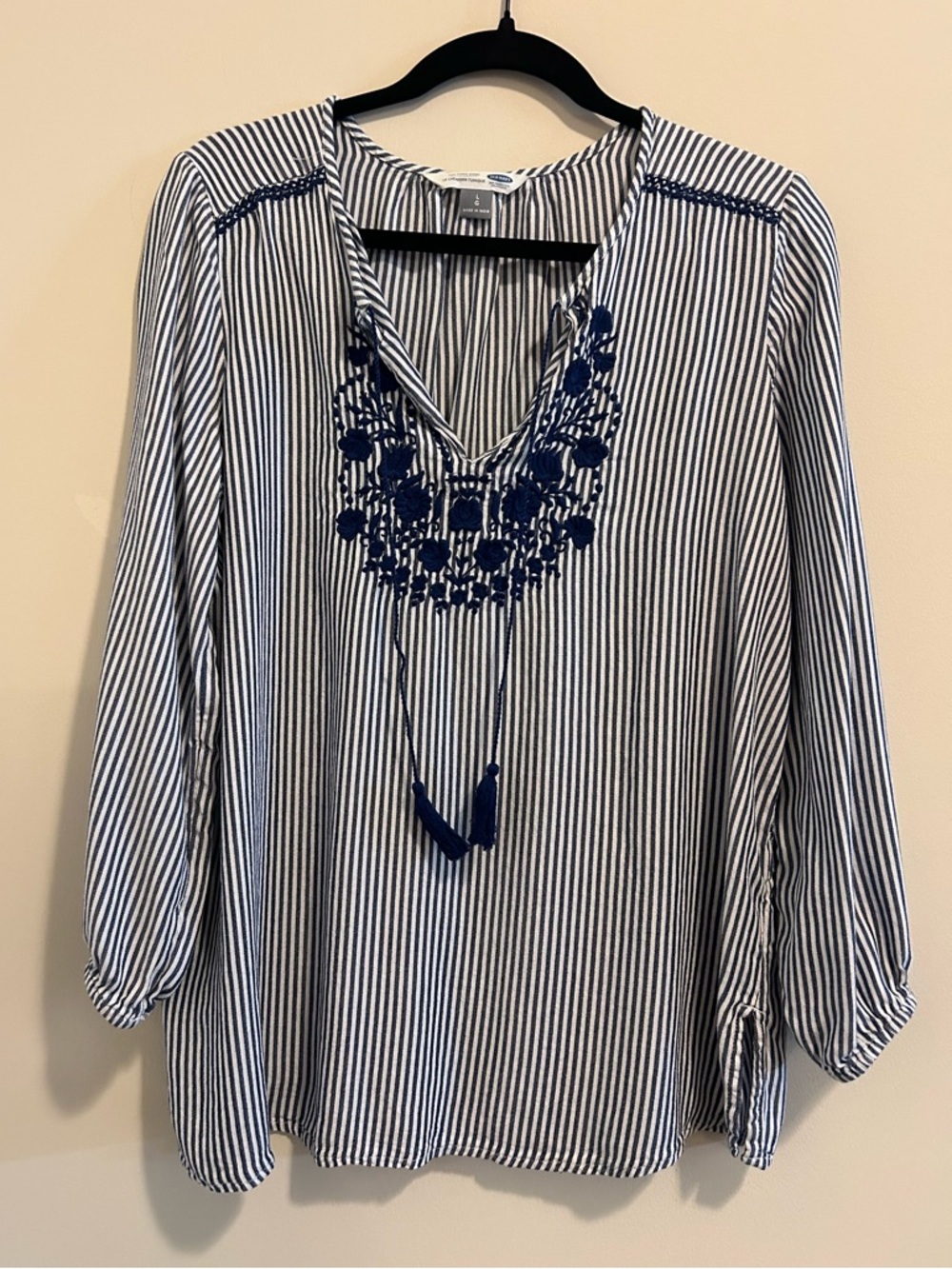 Old Navy Navy and White Striped Embroidered V-Neck Tunic
